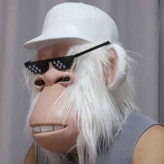 White-Haired Cartoon Ape Full-Head Costume Mask with White Cap and Pixel-Style Glasses in Two Face Styles