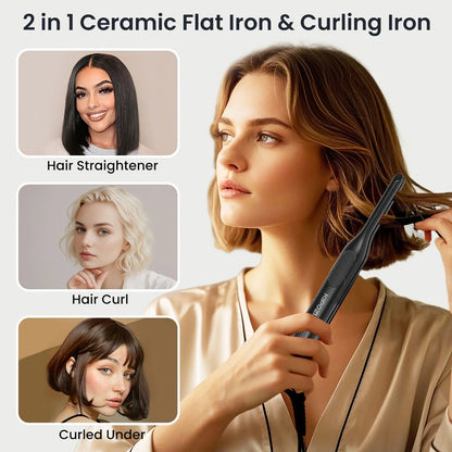 Mini 0.3 Inch Hair Straightener 2-in-1 Curler Titanium Plates 5 Heat Settings 450°F, for Home, Travel and Salon Hair Styling