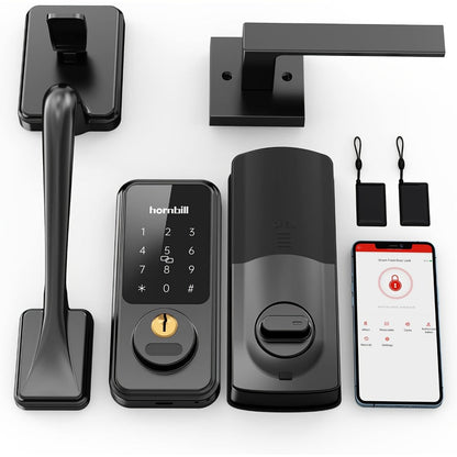 Smart Door Lock Hornbill Keypad Deadbolt and Handle Set with Bluetooth App Keyfob and Alexa Control