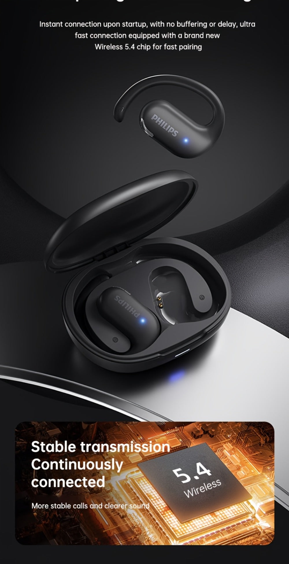 Philips TAT2739 Open Air Earbuds Wireless Bluetooth 5.3 Ear Hook Headphones with Wireless Charging Case