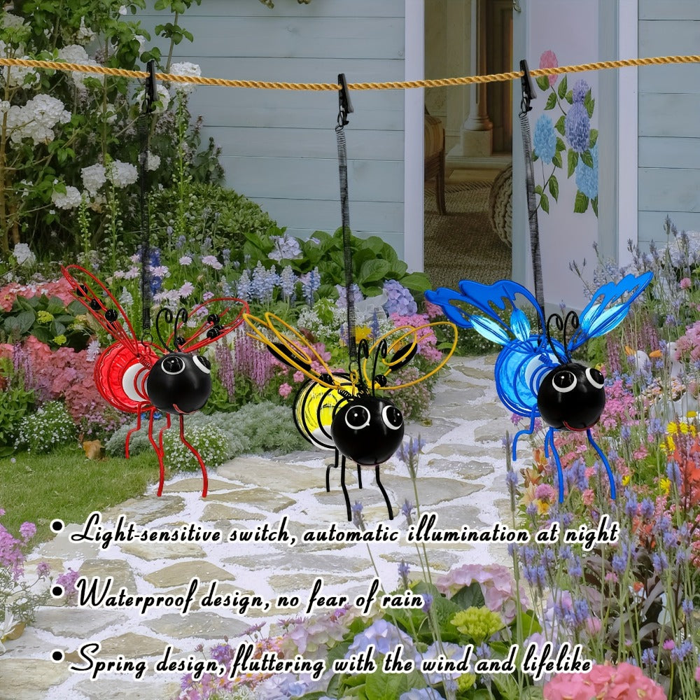 Solar Hanging Bee & Ladybug Lights Set of 3, Metal Decorative Solar Garden Lights, Outdoor Hanging Decor for Balcony