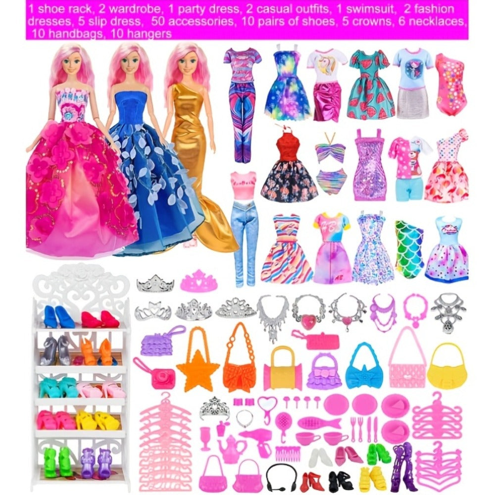 Doll Closet Playset 105 Piece Rose Wardrobe for 11.5 Inch Dolls, Wedding Gowns Fishtail Dress Swimsuit Shoes Handbags Crowns & Necklaces