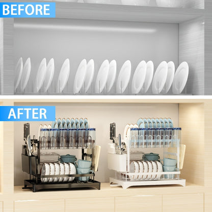 2-Layer Dish Drying Rack Kitchen Countertop Organizer – Dish Drain Rack with Knife Holder, Cup Rack & Cutlery Holder for Bowls