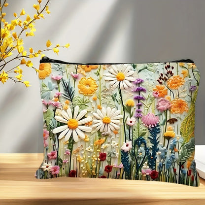 Makeup Bag Four-Piece Daisy Floral Foldable Zipper Pouch Set for Travel, Vanity and Everyday Beauty Storage