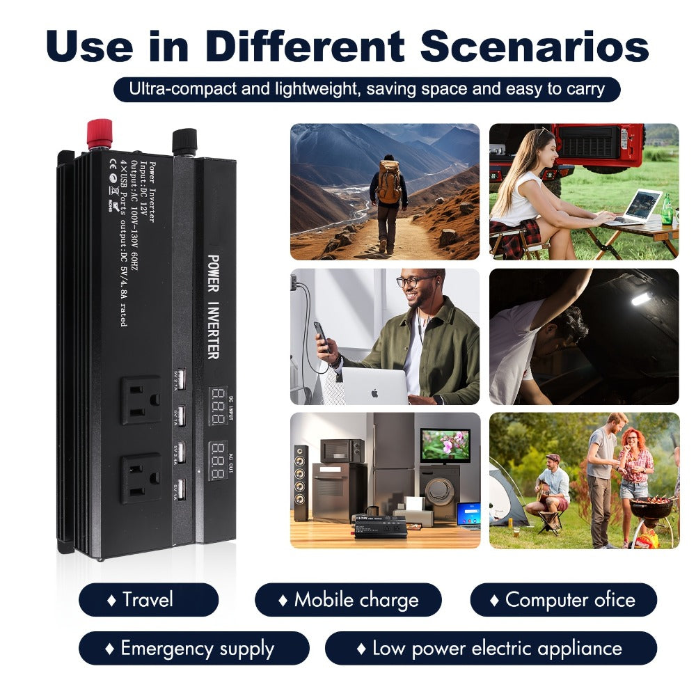 Portable 12V DC to 110V AC Power Inverter with LCD Display, Cooling Fan and 6600W Checkout Label