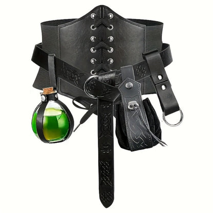 Renaissance Corset Set 5-Piece Ladies – Medieval Belt Pouch Potion Bottle Waist Protector, Women Halloween LARP Cosplay Renaissance Fair
