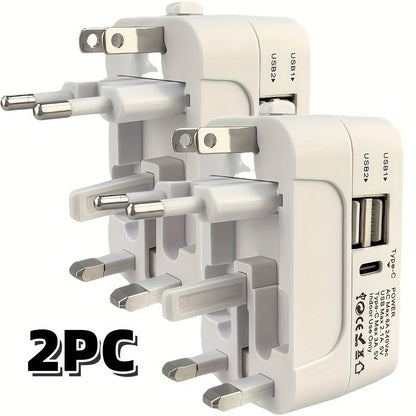 Universal Travel Adapter with Surge Protection - 2 USB & Type-C Ports, All-in-One International Plug for 350+ Countries