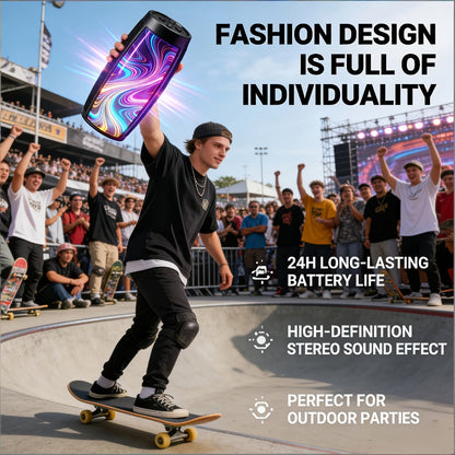 Portable Bluetooth Speaker with Bluetooth 5.3, wraparound audio layout, TWS, RGB Light Show and Carry Strap