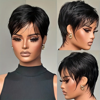 Layered Pixie-Cut Human Hair Wig with Bangs, Full Black Cap and Short 6-Inch Layered Hair Style