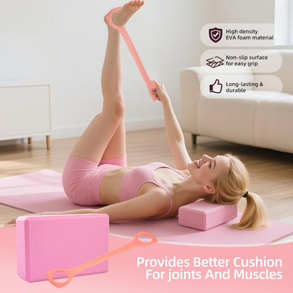 Pink 14-Piece Pilates Ring Set with Two Balls, Five Resistance Bands, Foam Block and Drawstring Bag