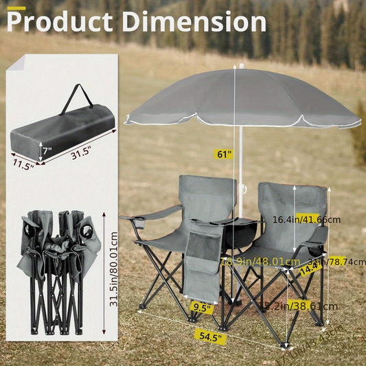 Folding Fishing Chair with Sun Umbrella – 2-Seat Portable Outdoor Chair, Iron Alloy Frame & Oxford Fabric, Built-In Storage Bag & Carry Bag