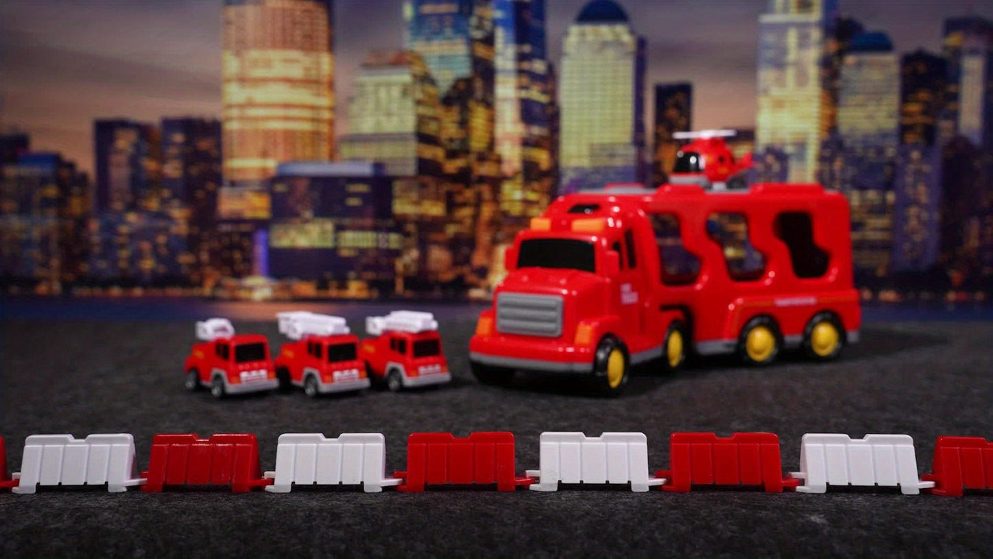 5-in-1 Fire Truck Playset for Kids 3-9, Friction Powered Interchangeable Rescue Vehicles Set with Carrier Truck