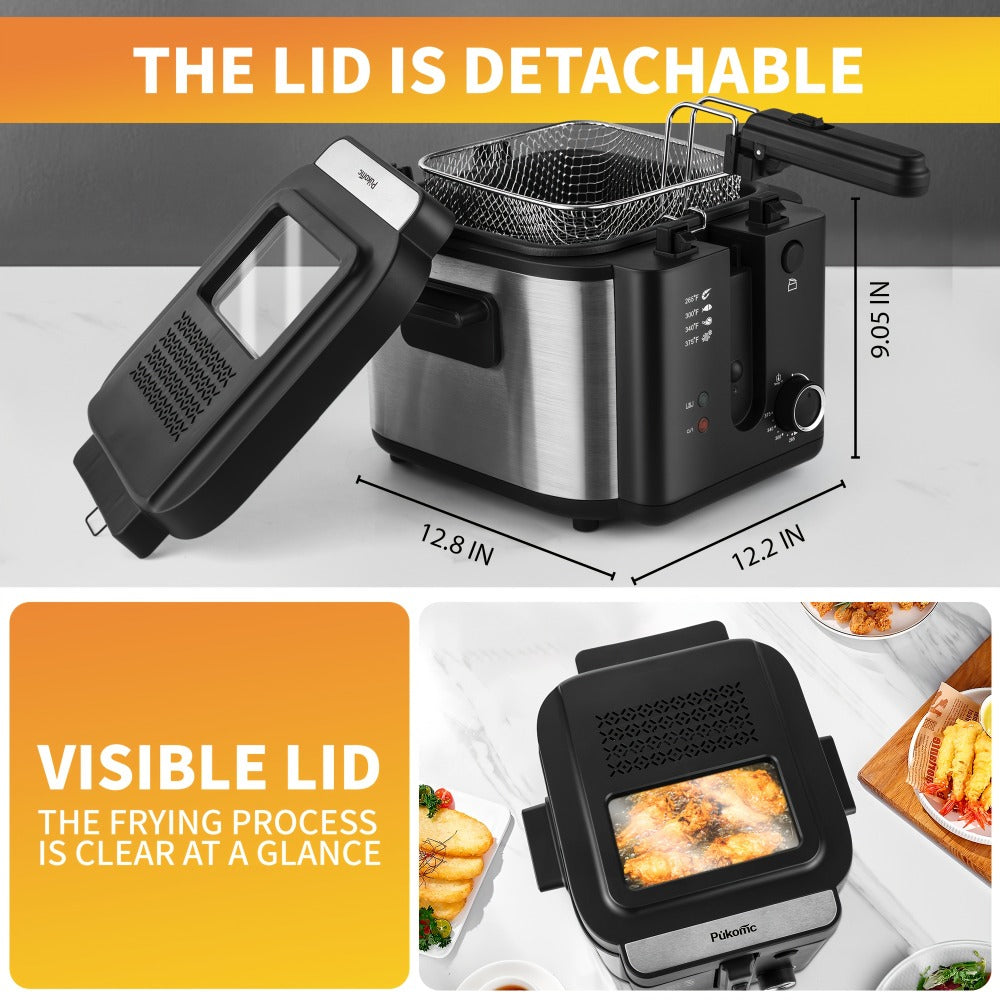 Black Deep Fryer in 1.5L to 6L Sizes with Foldable Basket Handle, Transparent Window and Removable Lid