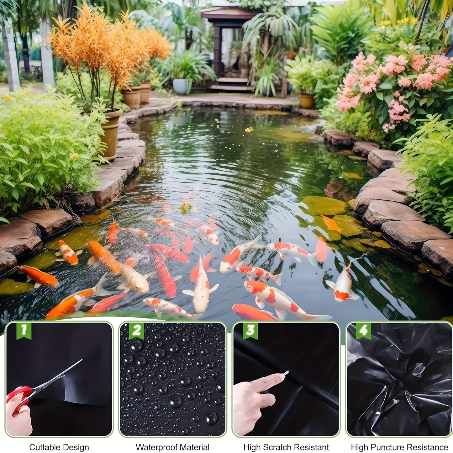 Pond Liner, HDPE Garden Fish Pond Water Feature Landscape for Garden, Patio and Yard Use, with the Listed Configuration