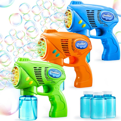 3-Pack Bubble Gun Blower with 3 Pre-Loaded Solution Refills, Hand-Powered, Color-Changing Bubbles