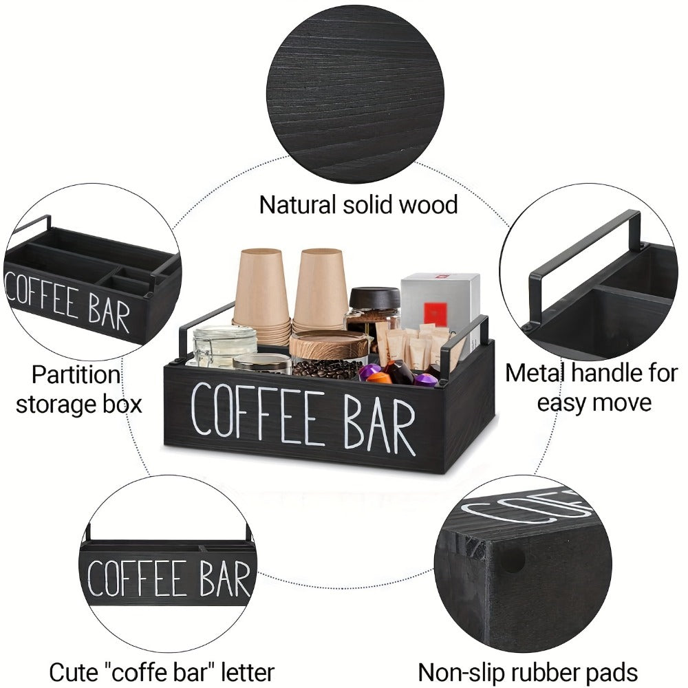 Wooden Coffee Bar Organizer with Farmhouse Sign and Rectangular Tray for Pods, Sugar, Creamer and Countertop Accessories