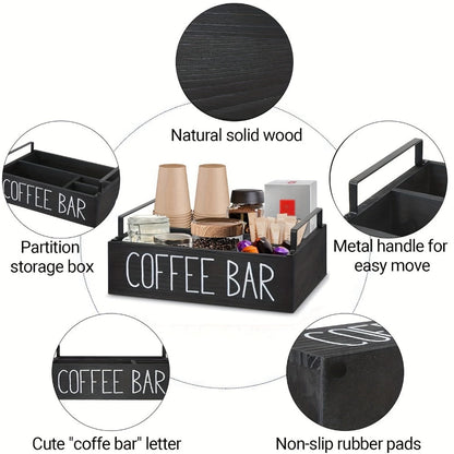 Wooden Coffee Bar Organizer with Farmhouse Sign and Rectangular Tray for Pods, Sugar, Creamer and Countertop Accessories