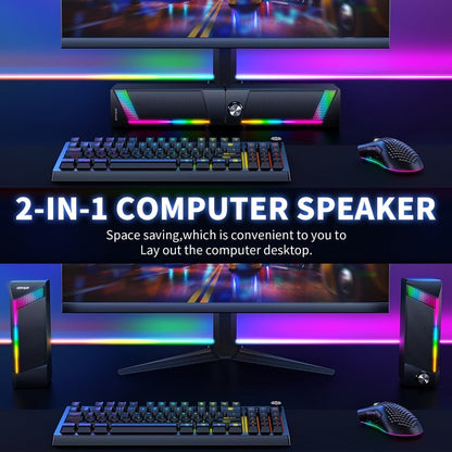 2-in-1 RGB Gaming Computer Speakers Wired, PC Desktop Laptop Soundbar with Subwoofer, Volume Control