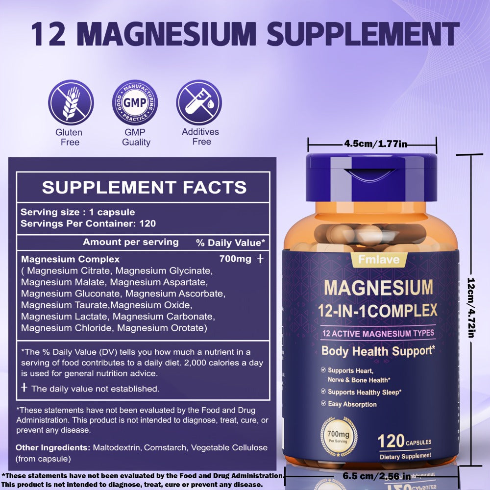 Magnesium Glycinate 700mg 12-in-1 Complex Capsules with Citrate Malate Taurate Carbonate & Oxide