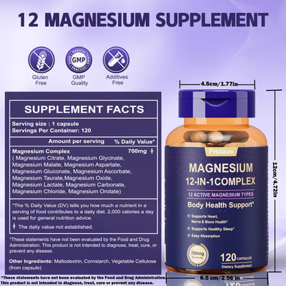 Magnesium Glycinate 700mg 12-in-1 Complex Capsules with Citrate Malate Taurate Carbonate & Oxide
