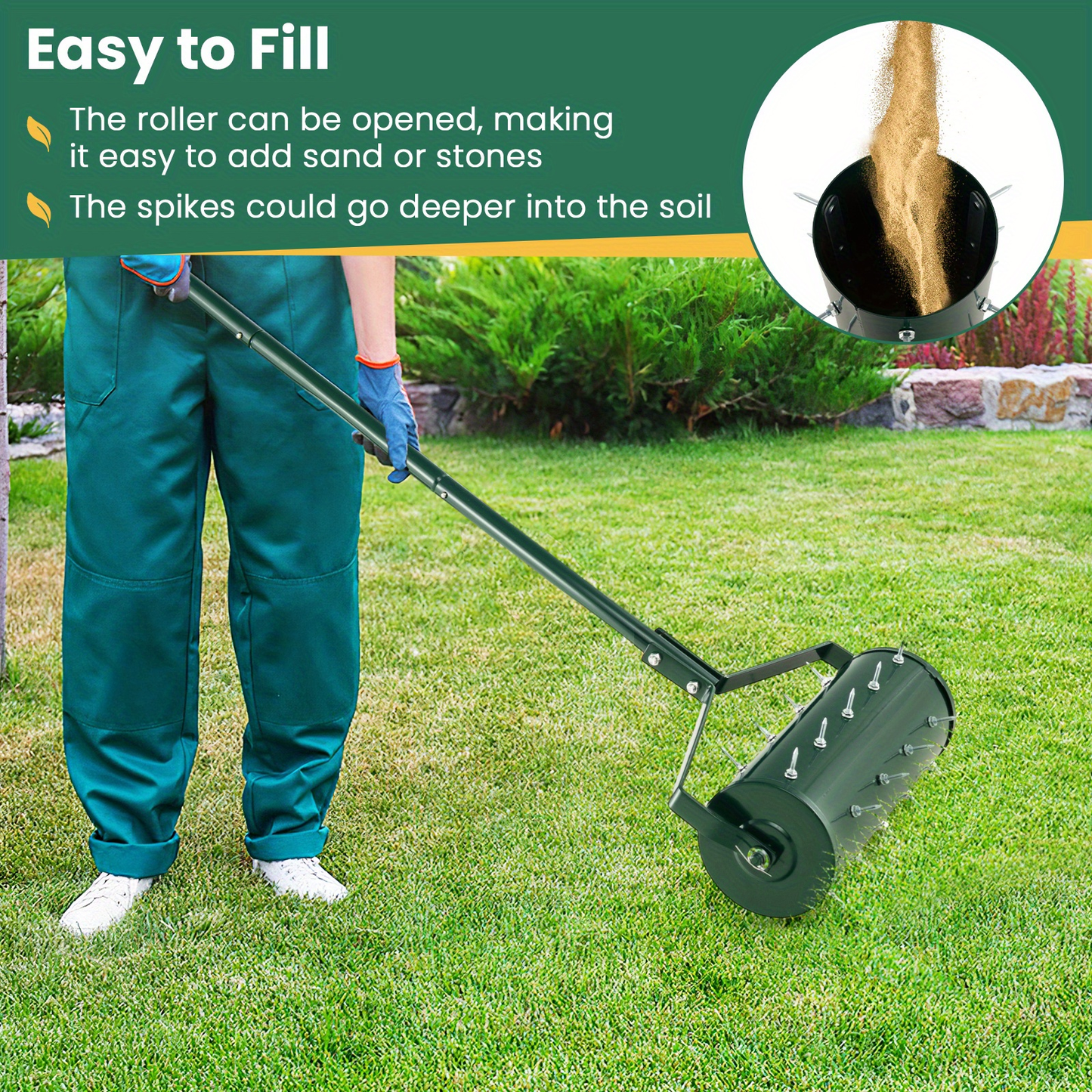 Rotary Lawn Aerator 18" Spike Drum with 27 Galvanized Steel Spikes, Fillable with Sand or Stone