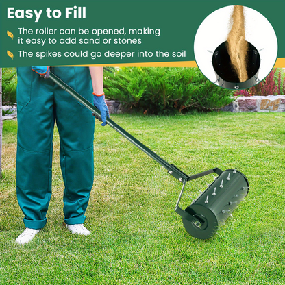 Rotary Lawn Aerator 18" Spike Drum with 27 Galvanized Steel Spikes, Fillable with Sand or Stone