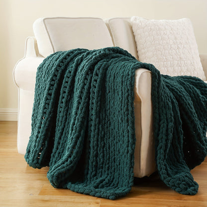 Chunky Chenille Cable Knit Throw Blanket, 350-400gsm Crochet Throw for Sofa, Bed & Couch, Vintage Patchwork