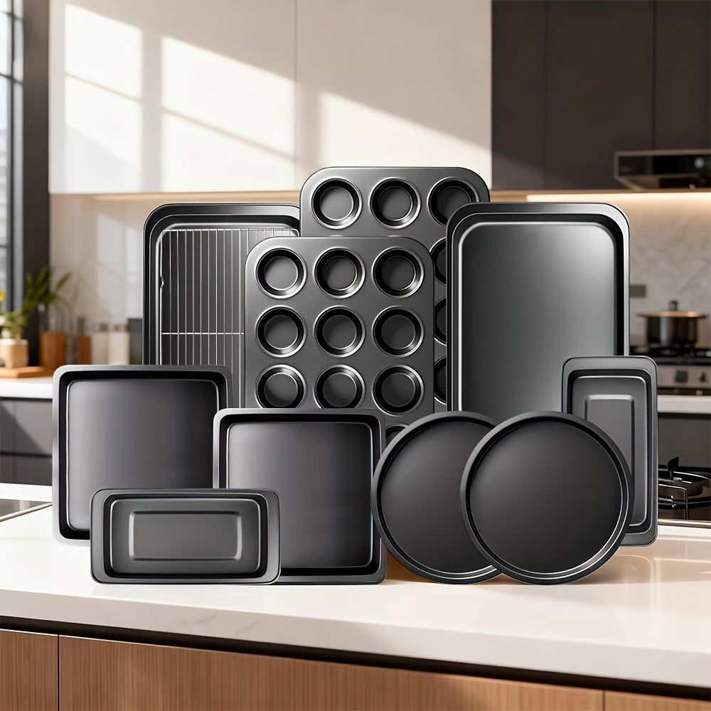 Baking Pan Set Nonstick Carbon Steel Cookie Sheets Roasting Pans Round Cake Muffin Pizza for Home Cooking, Dining and Outdoor Meals