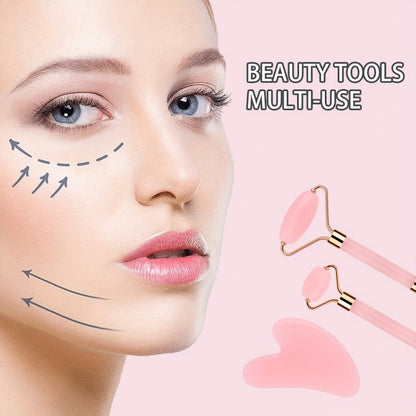 Facial Cleansing Massage Set 7Pcs Silicone Face Brush Double-Headed Roller Massager Heart Scraping Board Wristbands Hair Band Pink Storage