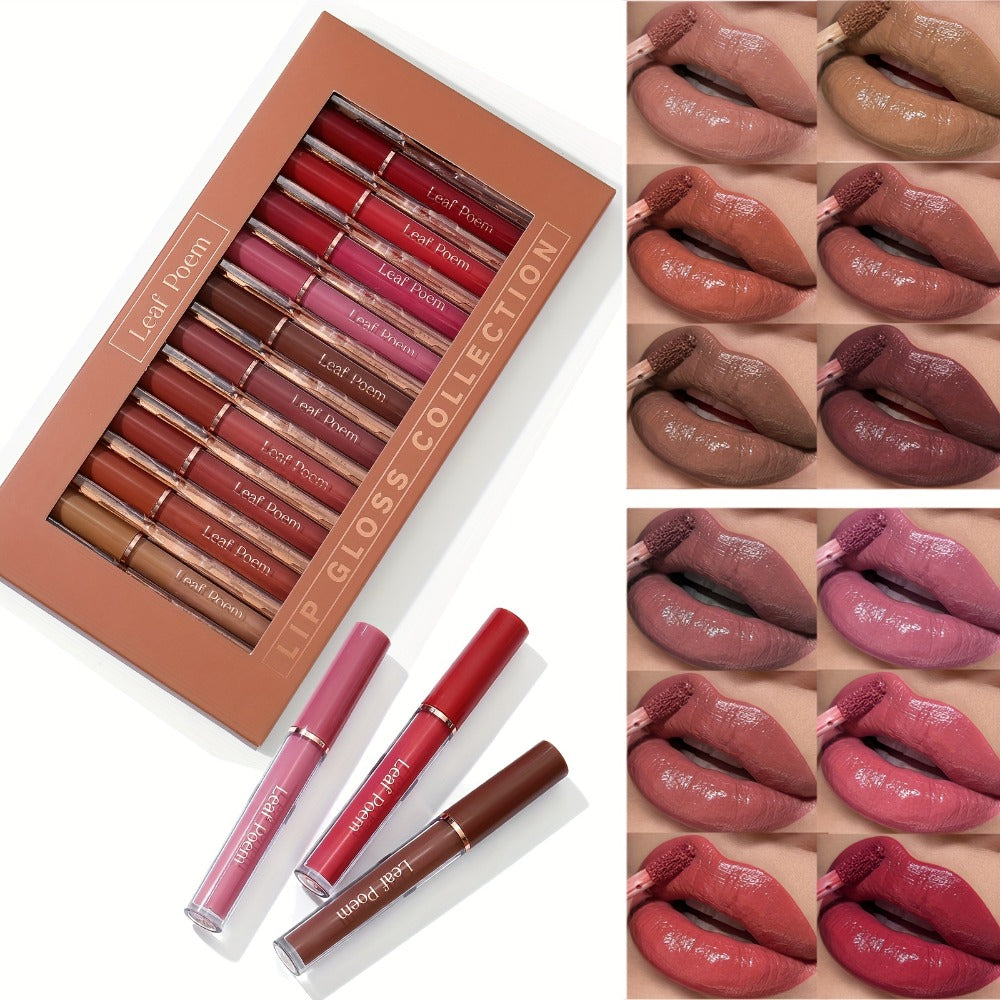 Lip Gloss Set by Leaf Poem with 12 Mixed Lip Colors, Slim Tube Applicators and Presentation Box
