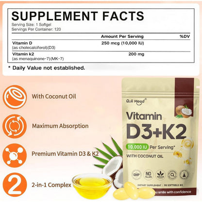 Vitamin D3 10000 IU + K2 MK-7 200mcg Softgels 90 Count with Extra Virgin Coconut Oil for Bath Time, Home Spa and Personal Care