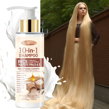 Rice Water 10-in-1-Labeled Shampoo and Conditioner Duo in 150mL Pump Bottles with White-and-Gold Packaging