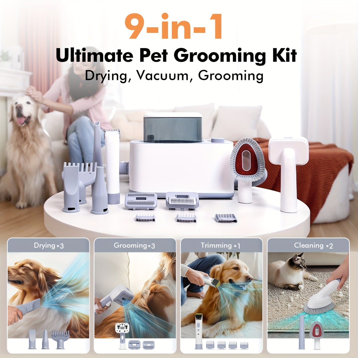 Pet Grooming Vacuum Kit 9-in-1 – 24KPa Dog Shedding Vacuum with Hair Dryer & Electric Clipper | Adjustable Speed & Temperature | 104oz Dust