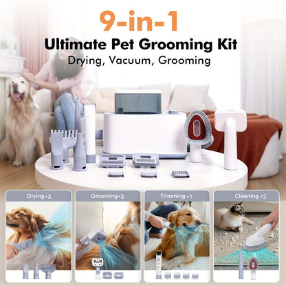 Pet Grooming Vacuum Kit 9-in-1 – 24KPa Dog Shedding Vacuum with Hair Dryer & Electric Clipper | Adjustable Speed & Temperature | 104oz Dust