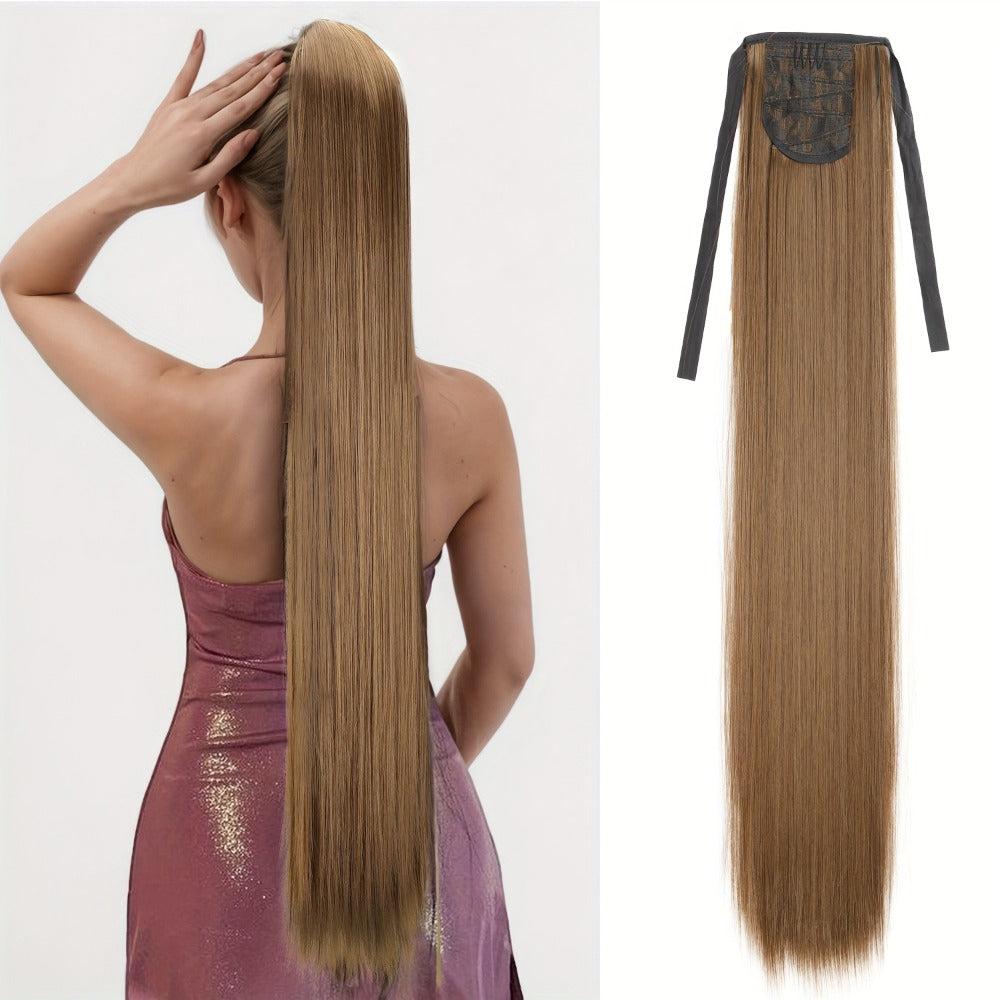 Hair Extensions Straight 34-Inch Synthetic Ponytail with Ribbon Wrap and Five Mixed or Natural-Tone Colors