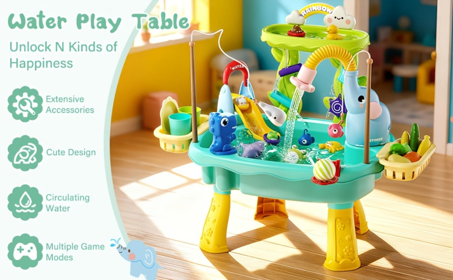 Kids Water Table Toy with Electric Pump & Faucet for Toddlers - Play Sink with Food Accessories & Fishing Toy