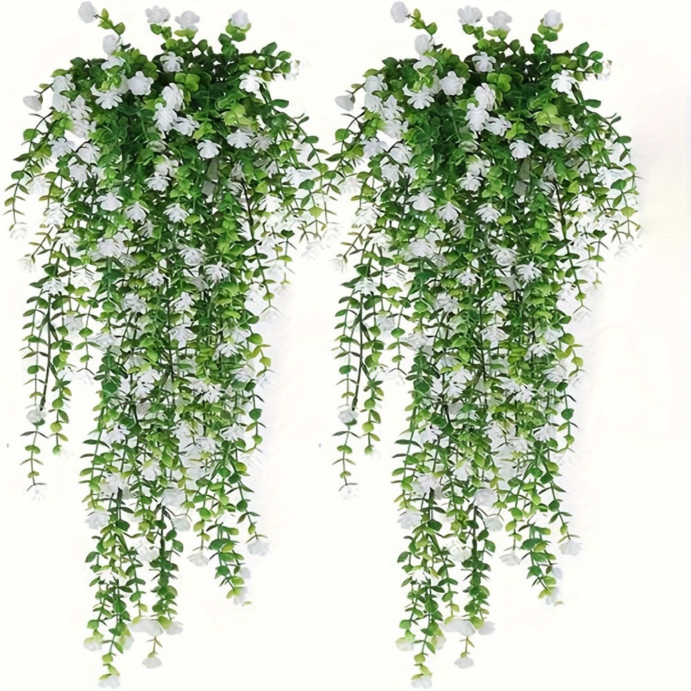 Hanging Artificial Flower Vines, 10-Bunch 30-Inch Set with White or Purple Flowers and Green Leaves