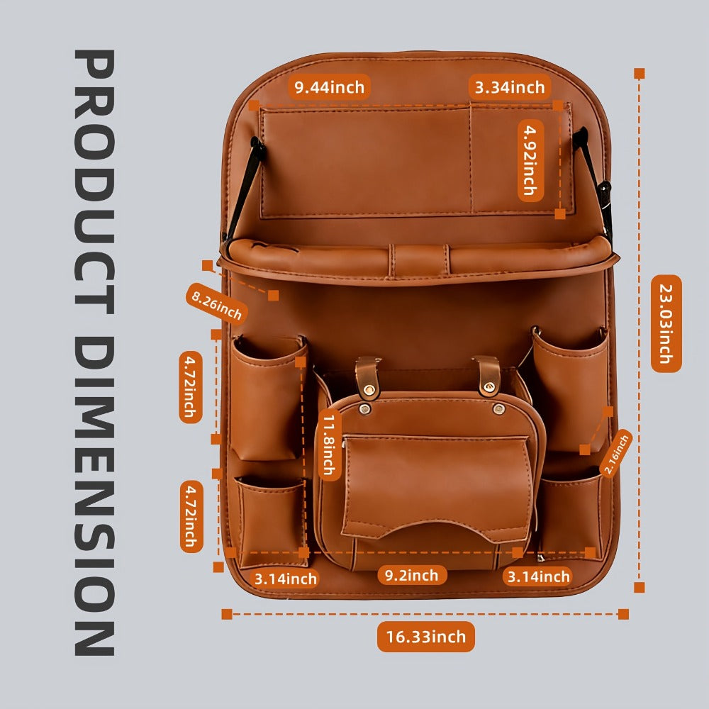 One-Piece Seatback Car Organizer with Fold-Down Tray, Cup Recesses, Mesh Pockets and Four Colors