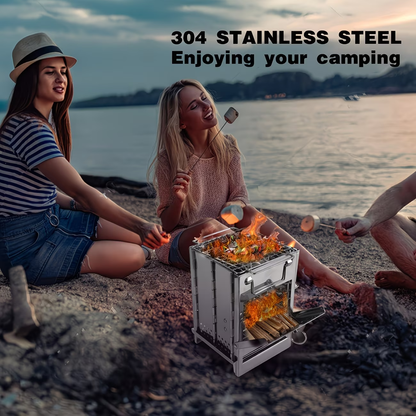 Compact Wood-Burning Camp Stove with Folding Panel Body, Grill Rack, Blowpipe and Storage Bag in Silver Tone