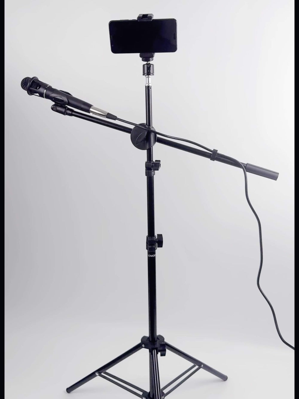 Adjustable Tripod Microphone Stand with Boom Arm Floor Mount Metal Mic Stand Dual Mic Clips Phone Holder for Live Performance Wedding Stage