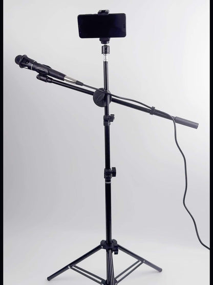 Adjustable Tripod Microphone Stand with Boom Arm Floor Mount Metal Mic Stand Dual Mic Clips Phone Holder for Live Performance Wedding Stage