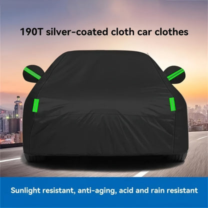 Black Full Car Cover in 190T Silver-Coated Cloth with Green Reflective Strips, Storage Bag and Six Sedan or SUV Sizes