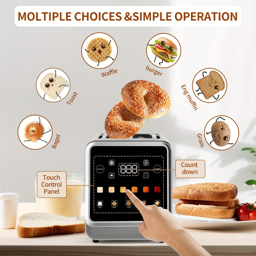 Digital Touch Screen Toaster 2 Slice Stainless Steel with 5 Bread Functions 7 Shade Settings for Home Cooking, Dining and Outdoor Meals