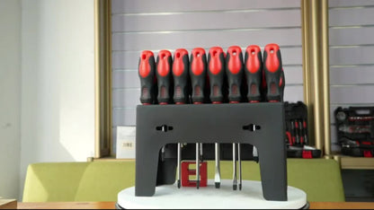 Screwdriver Organizer Set with 69- or 118-Piece Rack Configurations in Green, Red or Orange and Blue