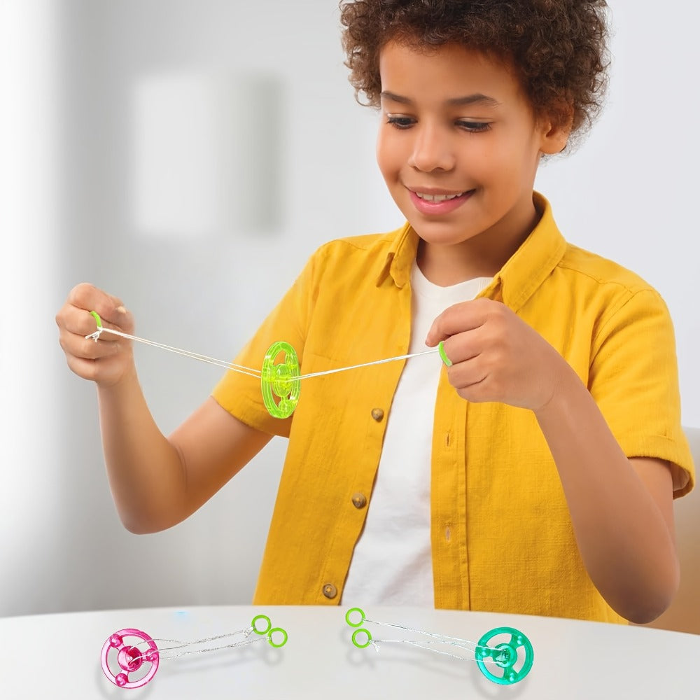 Thirty Pull-String Flywheel Spinner Toys with Four Assorted Colors and Pictured 7cm Wheel Diameter