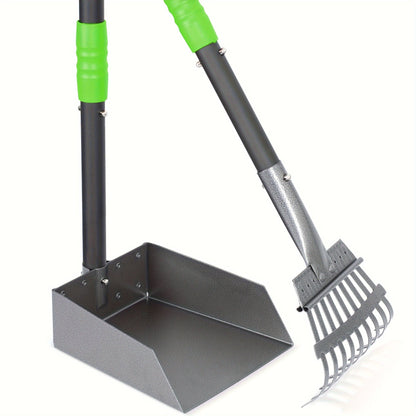 Long-Handle Pet Waste Rake and Tray Set with Two Three-Section Handles and Nine Color Options