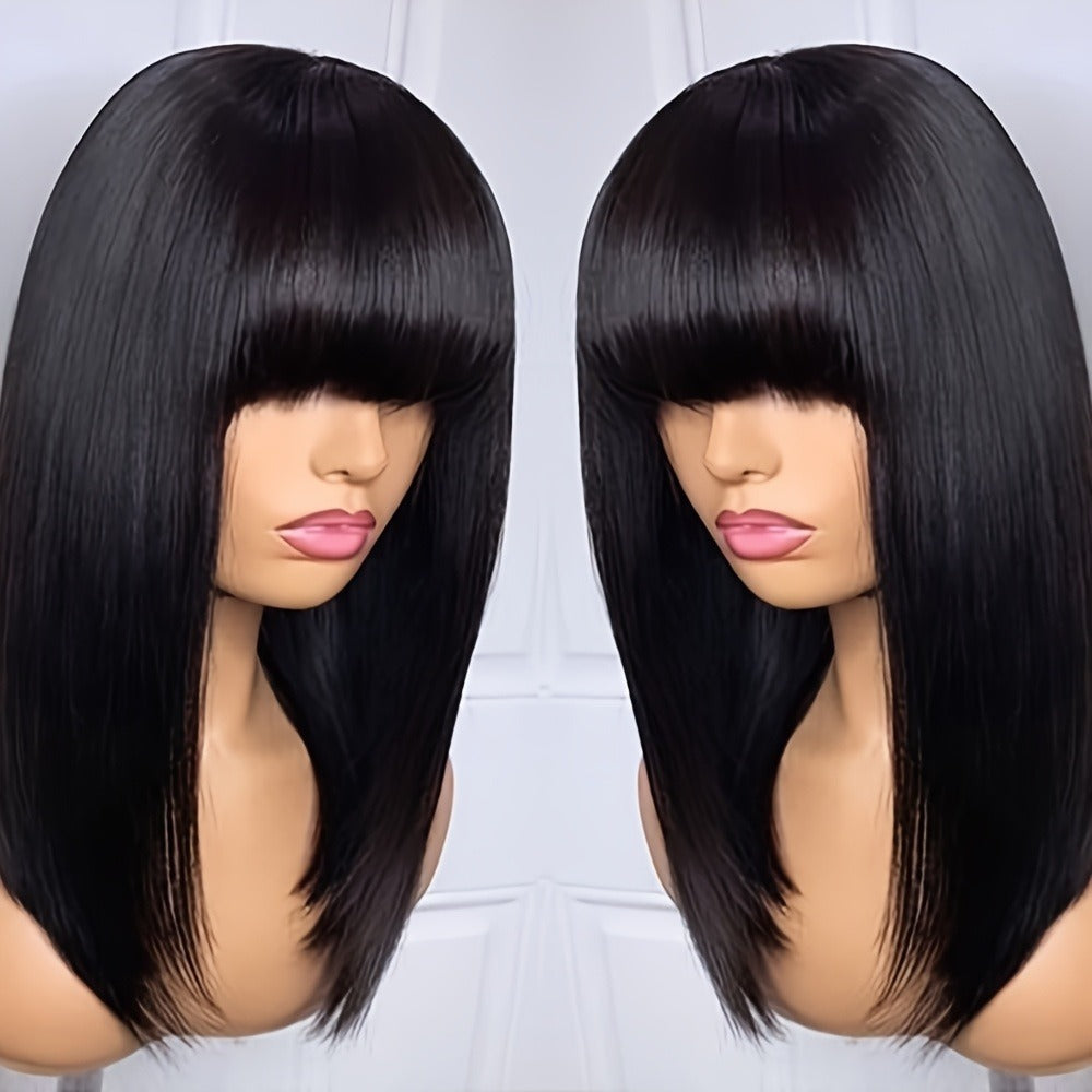 Synthetic Wig 16-Inch Black Straight Blunt Bob with Bangs, 180% Density and Rose Net Cap for Office Wear