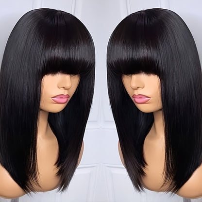 Synthetic Wig 16-Inch Black Straight Blunt Bob with Bangs, 180% Density and Rose Net Cap for Office Wear