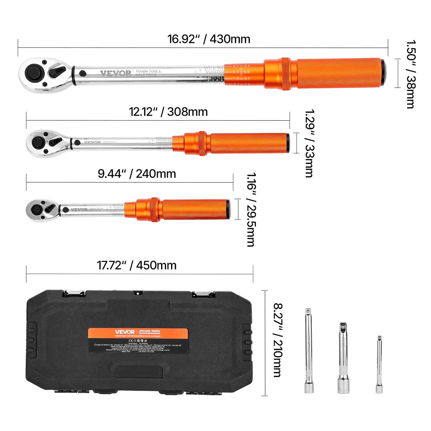 Click Torque Wrench Set 3-Piece – 1/4 3/8 1/2 Inch Drive, Dual-Direction 72-Tooth Reversible Ratchet, ±3% Accuracy with Calibration