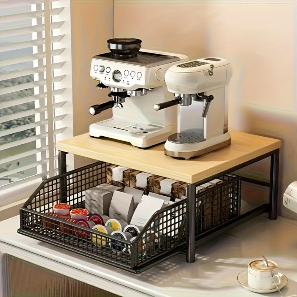 2-Tier Kitchen Countertop Organizer with Drawer & Wire Basket, Hardwood & Metal Storage Shelf for Coffee Maker